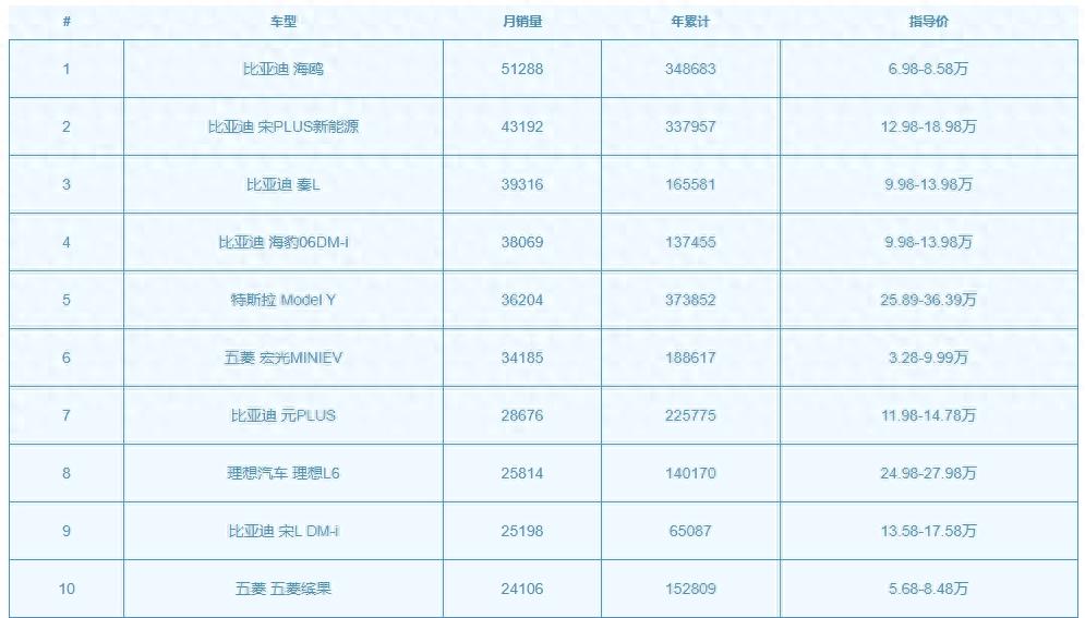 2024新能源电动汽车销量排行榜  